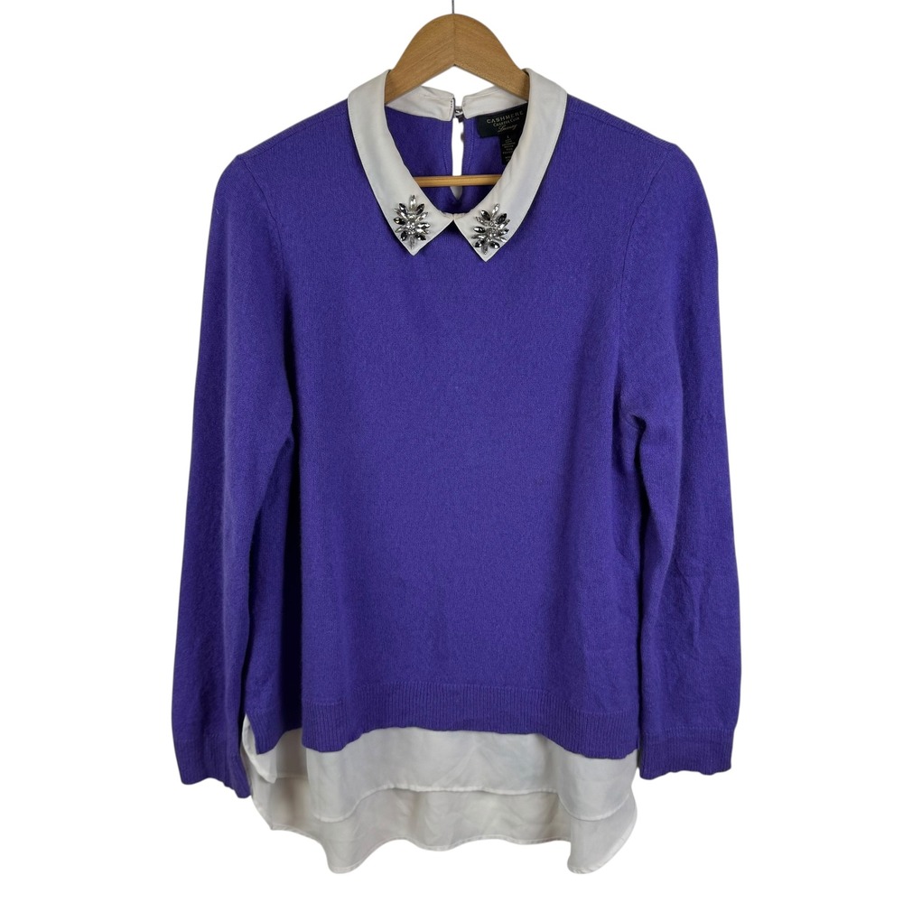 Charter Club 100% Cashmere‎ Sweater Large Purple Jeweled Collar Preppy Layered